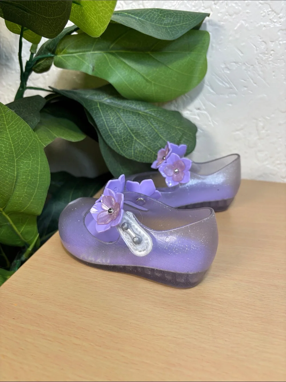 Mini Melissa Girls' Purple Glitter Jelly Floral Mary Janes